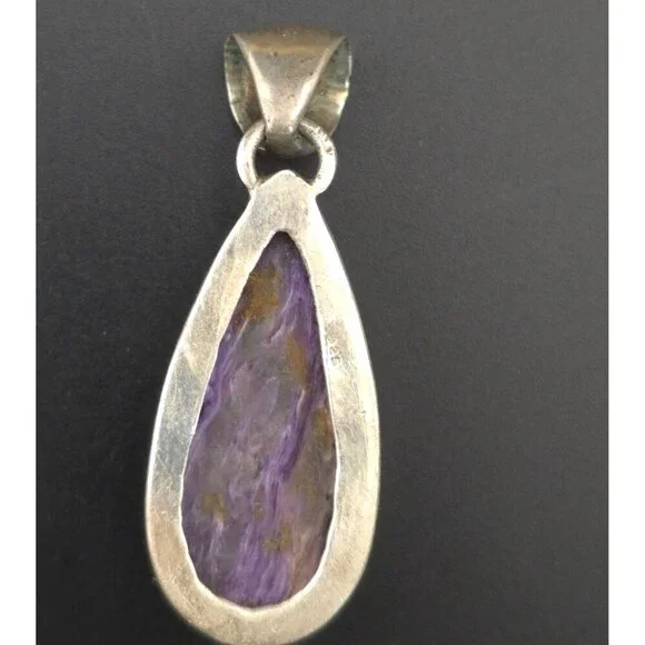 Sterling Silver 925 Teardrop Pendant With Purple Charoite Gemstone - Picture 5 of 7